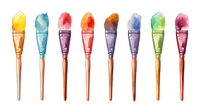 Set of Watercolor Paintbrushes Isolated on Transparent or White Background, PNG