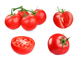 Whole and cut ripe tomatoes isolated on white, set