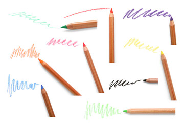Colorful pastel pencils and scribbles on white background, set. Drawing supply