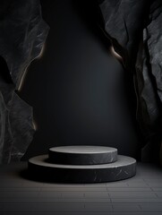 Stone and Rock shape 3d render illustration. Round podium, pedestal for brand product exhibition. Solid dark black color. Mockup template for ads design, copy space, generative ai