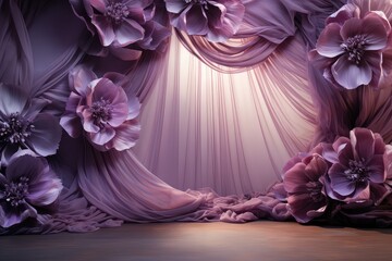 Maternity backdrop, wedding backdrop, photography background, maternity props, Light hoop weaved purple flowers, elegant wall background, flowing white satin drape, backdrop, giant flowers