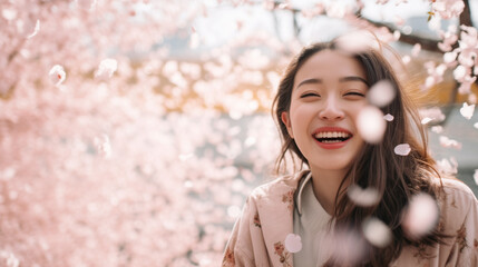 満開の桜の下で笑う日本人の女の子 - obrazy, fototapety, plakaty