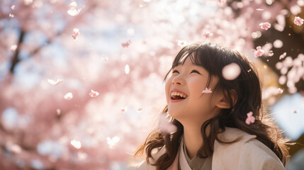 満開の桜の下で笑う日本人の女の子 - obrazy, fototapety, plakaty