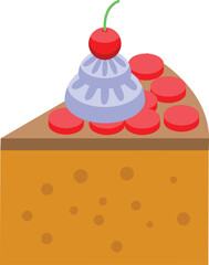 Slice of cake with cherry icon isometric vector. Calorie caramel dessert. Sweet item