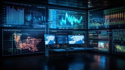 A digital display showing intricate stock market analyses in a high-tech control room environment.