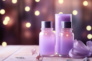 Obraz na płótnie Canvas Whimsical skincare bottles in a soft lilac, set against a backdrop of fairy lights. Space for text on labels, copy space on blank label.