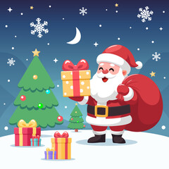 Christmas Santa Claus holding yellow gift box and red sack on night sky background with moon, stars, snowflakes, green trees, presents lying around on the snow ground. Vector cartoon illustration.