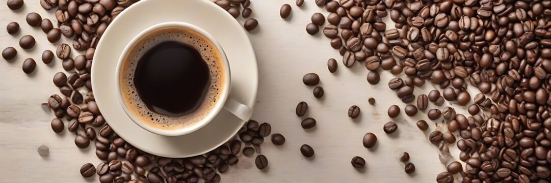 Coffee Cafe horizontal banner design. Top view. Copy space. Ai images generative.