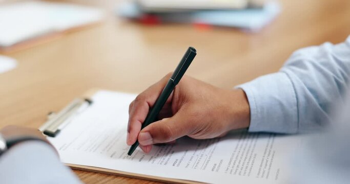 Insurance, reading or hands with contract to sign application, checklist or document for loan. Client agreement closeup, table or man with legal form for policy compliance, will or asset management