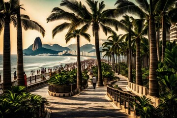 Beautiful landscape of the Copacabana beach boardwalk in Rio de Janeiro, Generative ai.