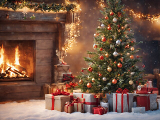 Fototapeta na wymiar christmas tree with fireplace, Generative ai.