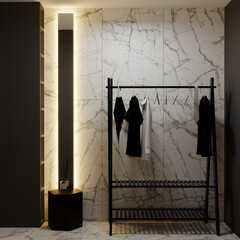 Concept hallway - black and white marble accents. Large illuminated mirror and clothes rack. Open dressing hanger. Trend modern minimalist lobby corridor. Premium rich scene showroom. 3d render