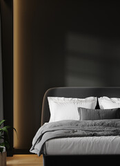 Premium dark deep black bedroom of a hotel room or home apt with a big gray bed. Painted blank wall - minimalist luxury trend. Empty background for art or wallpaper, pictures. 3d render 