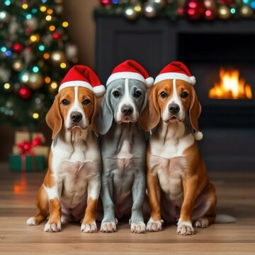 En la imagen, se ven perros con gorros de Navidad en un ambiente festivo y nevado. Hay un árbol de Navidad decorado y regalos alrededor. Los perros transmiten alegría y felicidad en esta época especia