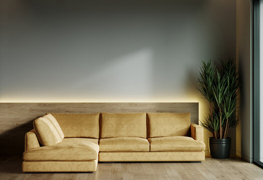 Accent premium mustard yellow sofa in living loungeroom. Ocher color in the interior design room home or office. Couch and empty painted gray wall background for art. Wood veneer trend. 3d render 