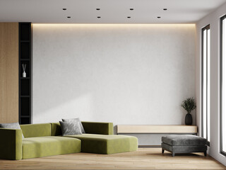 Living room with dark olive green accent sofa. Light white plaster decorative stucco on the wall of microcement texture polished concrete. Mockup interior design. Premium scene for canvas. 3d render
