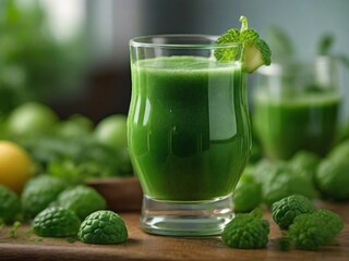 green juice served in a clear glass, surrounded by freshly picked green vegetables and fruits. essence of National Green Juice Day