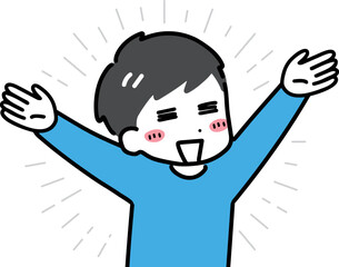 万歳のポーズで喜ぶ私服の若い男性(上半身)