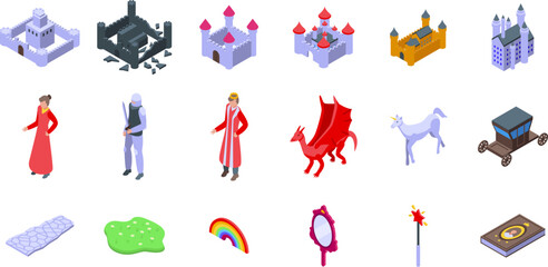 Fairytale princess castle icons set isometric vector. Middle age magic. Rainbow unicorn - obrazy, fototapety, plakaty