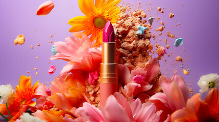 Close up of lipstick with pink base flower. - obrazy, fototapety, plakaty
