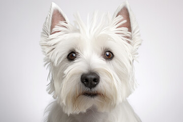 West Highland White Terrier dog close-up portrait on a white background.