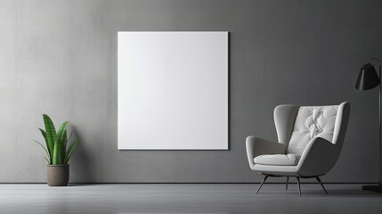 Part of the interior in a minimalist style against the background of a dark gray concrete wall - armchair, house plant and a big art in modern home decoration. Photo with copy space.