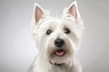 West Highland White Terrier dog close-up portrait on a white background.
