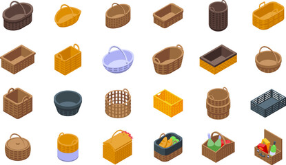 Wicker basket icons set isometric vector. Picnic bottle food. Park snack outdoor