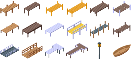  Wooden pier icons set isometric vector. Sea water boat. Fishing dock © ylivdesign