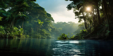 The Brazil and Colombian Amazon river - High res photo with HDR and texture, beautiful focus on the water and the lush plant life around the river - Powered by Adobe