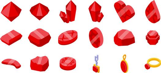 Ruby rock icons set isometric vector. Magic gem stone. Mineral crystal