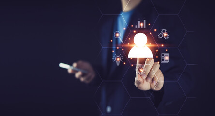 Businesspeople touching on screen to target customer. Target customer, buyer persona, customer behavior concept. Marketing plan and strategies. Personalization marketing, customer centric strategies.