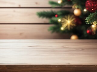 Empty wooden table with christmas theme in background