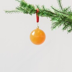 Closeup Orange Ornament Christmas decoration hanging on Christmas tree on white background. 3D Rendering Christmas concept idea. - 685432820