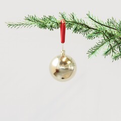 Closeup Golden Ornament Christmas decoration hanging on Christmas tree on white background. 3D Rendering Christmas concept idea. - 685432821