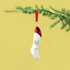 Closeup Sock Ornament Christmas decoration hanging on Christmas tree on white background. 3D Rendering Christmas concept idea.