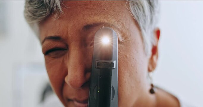 Eye exam equipment, light or woman face, optometrist or ocular specialist for vision test, analysis or assessment. Optometry tools, ophthalmoscope or mature oculist check for eyesight service support