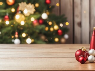 Empty wooden table with christmas theme in background