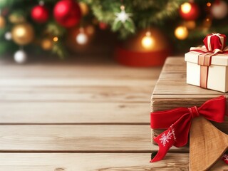 Empty wooden table with christmas theme in background