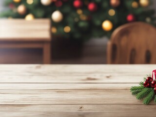 Empty wooden table with christmas theme in background