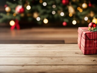 Empty wooden table with christmas theme in background