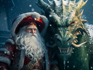 Santa Claus with a green dragon close-up.
