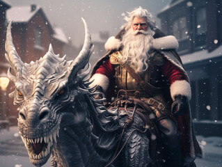 Santa Claus and the dragon are walking down a snowy road. Santa in Steampunk style.