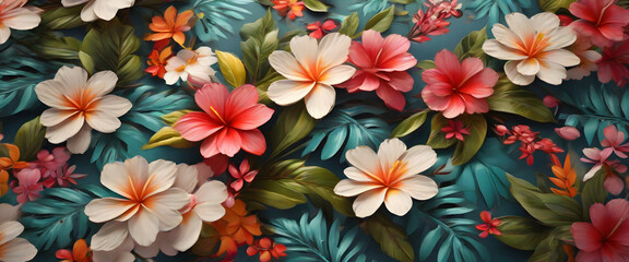 a lively and colorful stylish retro aloha pattern with painted leaves and blossoms that exude a natural and exotic feel, capturing the essence of summer in a playful and charming way - obrazy, fototapety, plakaty