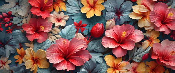 Capture the beauty of nature with a colorful hibiscus pattern in a whimsical and playful drawing style, featuring the exotic flowers in bold and striking designs that will add a pop of color to any su - obrazy, fototapety, plakaty