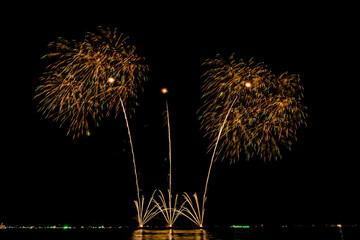 Fireworks show under defocus or blur concepts with isolated black background at night, this...