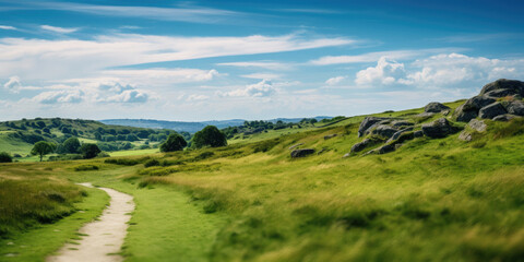 Fototapeta na wymiar The beautiful English countryside - United Kingdom landscape - green fields and blue skies