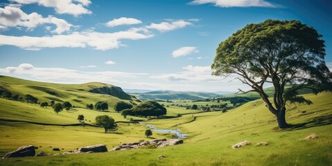 The beautiful English countryside - United Kingdom landscape - green fields and blue skies