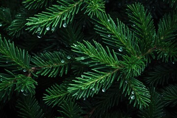 Green spruce branches with drops of dew on a black background