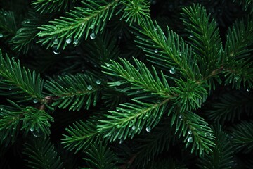 Green spruce branches with drops of dew on a black background